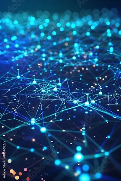 Fototapeta An abstract digital landscape with nodes in electric blue and cyan