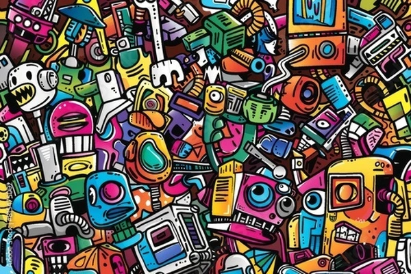 Fototapeta Cartoon cute doodles of industrial-style street art, with murals, graffiti, and stencils adorning urban walls with images of robots, factories, Generative AI