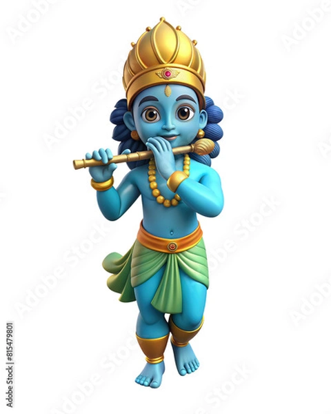 Fototapeta 3d illustration of Lord Krishna with flute on a transparent background, Lord Krishna dress and playing bansuri