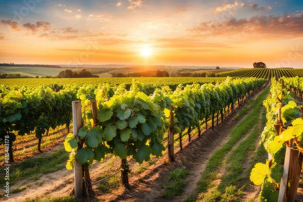 Obraz vineyard with ripe grapes in countryside at sunset
