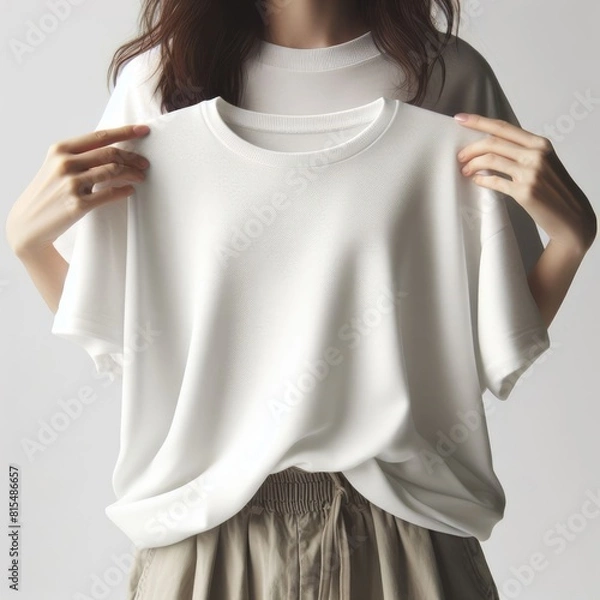 Obraz A woman holding a white t shirt mockup image art has illustrative meaning has illustrative meaning.