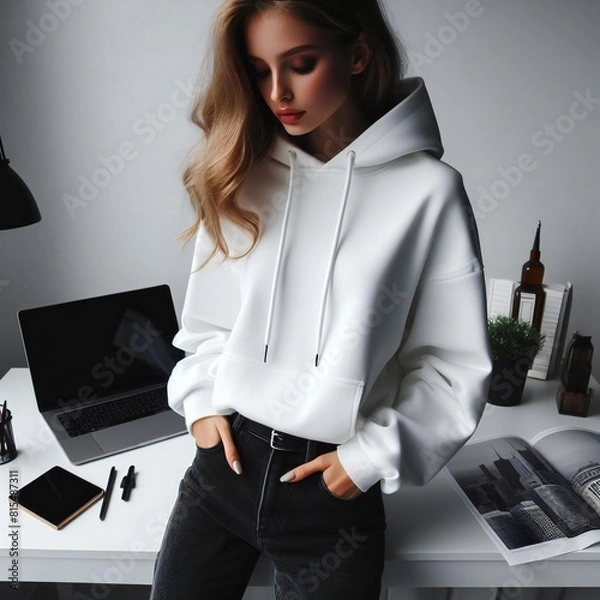Obraz A woman in a white sweat t shirt mockup mockup image art attractive.