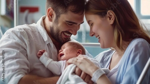Fototapeta A happy couple hugs their newborn baby, the woman has just given birth to a child. Family Bliss: Parents Revel in the Arrival of Their little child with Overflowing Love