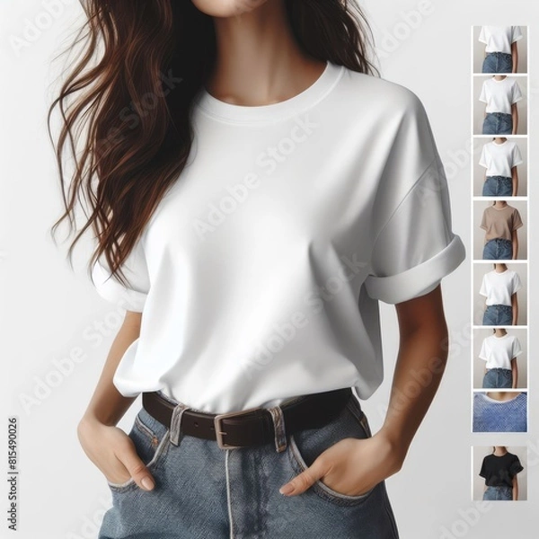 Obraz A woman wearing a white t shirt mockup image attractive lively  .