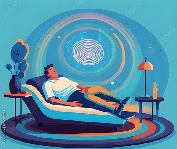 Fototapeta Man conducts hypnotherapy session for his visitor. Patient lying on sofa in trance, hypnosis therapy, psychedelic whirlpool and chatelaine watch cartoon flat style isolated png ... See More
