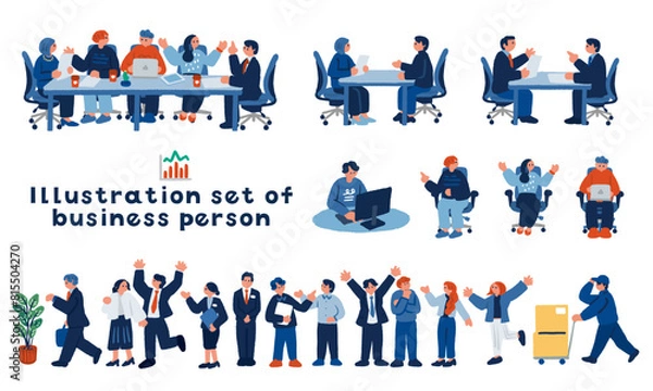 Obraz 打ち合わせをする人々やビジネスパーソンのイラストセット
