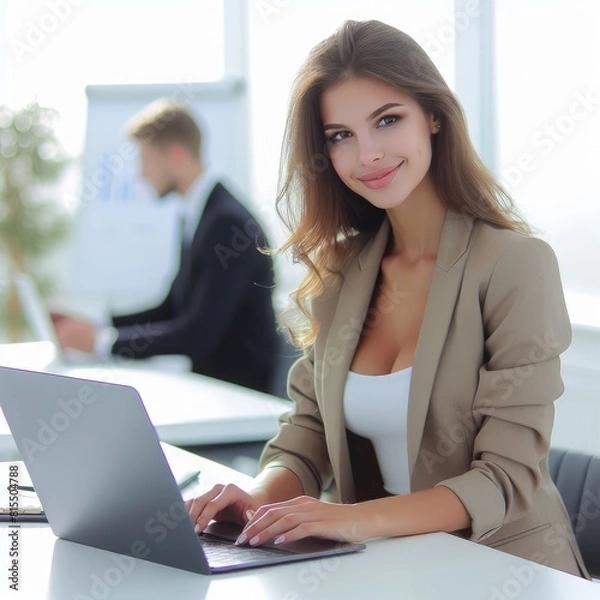 Obraz A woman sitting at a desk working with a laptop picture  attractive lively.