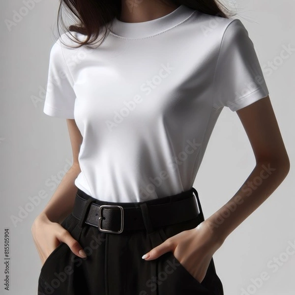 Obraz A woman wearing a white t shirt mockup image realistic attractive lively  .