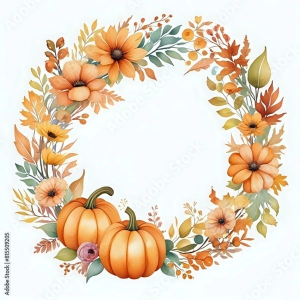 Fototapeta A wreath of flowers and pumpkins with a yellow background