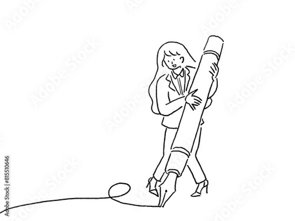 Obraz 大きい万年筆を持って線をひくスーツを着た女性の全身、線画
