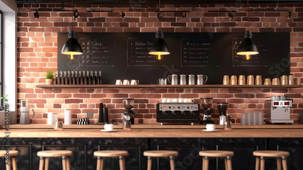 Fototapeta 3d render of cafe bar restaurant nobody indoor Empty coffee shop interior daytime with wooden design counter red brick wall in background menu writing on blackboard with beautiful lett : Generative AI