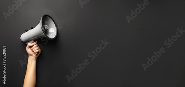 Fototapeta A hand holding a megaphone against a sleek black background, symbolizing voice amplification and the power of communication. The image captures the essence of an announcement or call to attention
