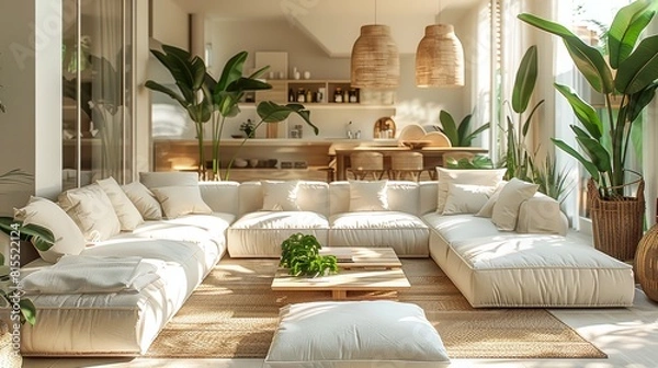 Fototapeta A modern villa living room with big tall plants and natural textures sofa and furniture set including a reading area a dining with a bar and cabinet. Generative AI.