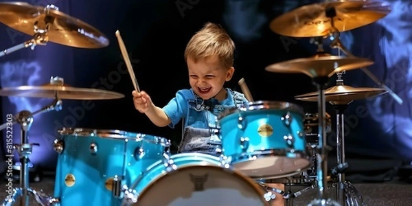 Fototapeta Child enthusiastically playing a real drum set. Concept Music, Expression, Enthusiasm, Childhood, Drum Set