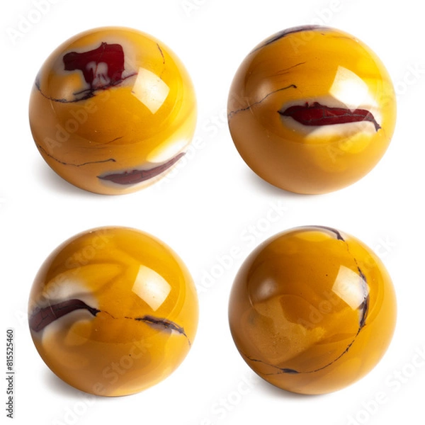 Fototapeta A variety of jasper - Yellow Mookaite. Stone sphere in four positions, isolated background. Collecting and magic concept. A hand-taken photo, not AI