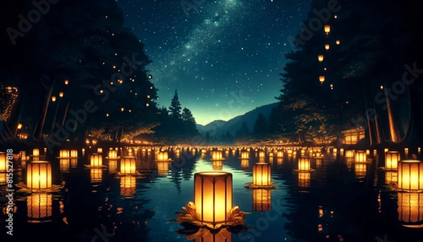Fototapeta Toro Nagashi: Starlit Lantern Floating Ceremony
