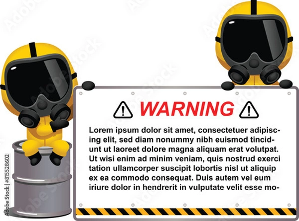 Fototapeta Vector cute Characters wearing Protective suit and gas mask holding a message board which you can replace text. PPE suit, Industrial safety, isolated on white background.