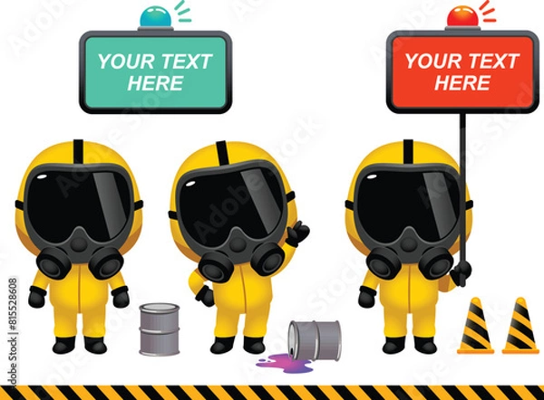 Fototapeta Vector cute Characters wearing Protective suit and mask in many action poses. PPE suit, Industrial safety, isolated on white background, which you can replace text