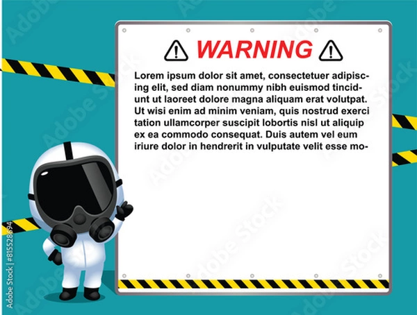 Fototapeta PPE-Suit-3Vector cute Characters wearing Protective suit and gas mask holding a message board which you can replace text. PPE suit, Industrial safety, isolated on white background.