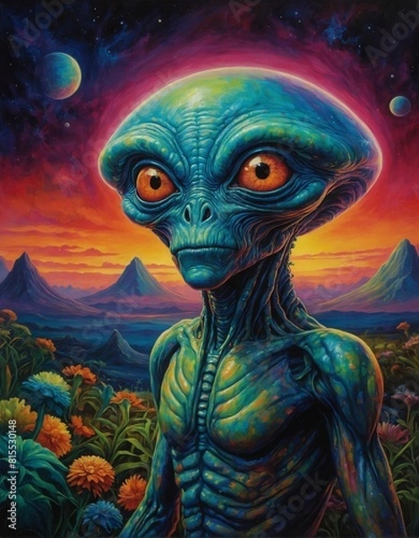 Fototapeta Strange green and blue alien creature with a large head and large orange eyes otherworldly landscape with pyramid shaped mountains in the distance and a vibrant sunset