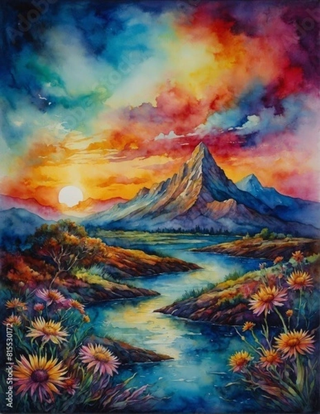 Fototapeta Beautiful hillside landscape near a tall mountain with vibrant colorful watercolor cloudy sky at sunset and a winding river with fields of flowers growing on the hills