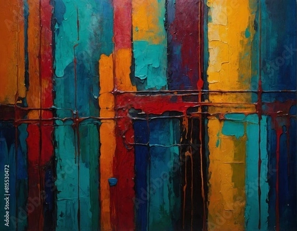 Fototapeta Abstract oil colorful paneled painting rectangular design painted fence bright vibrant primary colors