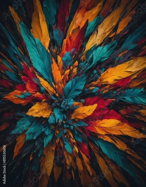 Fototapeta Vibrant imaginative abstract multi-colored feathers of yellow blue and red wild vivid feather design inspired by fall seasons