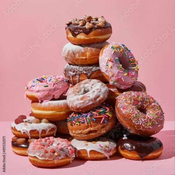 Fototapeta A colorful pile of donuts on a vibrant pink background, creating a playful and enticing scene