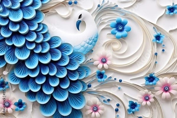 Obraz a blue and white peacock with flowers and a bird on the top.