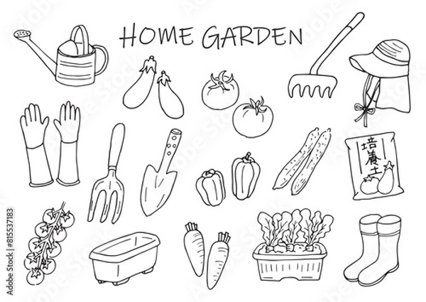Fototapeta 家庭菜園のイラストセット（手描き）モノクロ