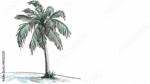 Fototapeta Sketch of a single palm tree with sweeping green fronds, rendered in a vintage hand-drawn style, isolated on a clean white background