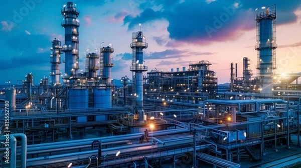 Fototapeta Royal Blue Oil Refinery at Dusk, Emphasizing Complex Chemical Processes