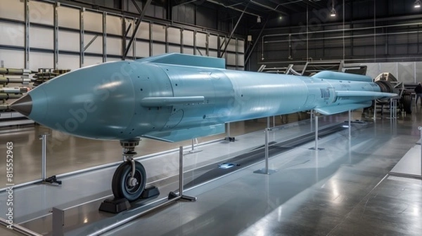 Fototapeta Sharp Image of a Pale Blue Hypersonic Missile on Display, Highlighting Advanced Military Aerospace Technology