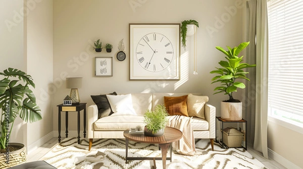 Fototapeta Modern living room interior with mock up poster frame brown sofa wooden coffee table patterned rug  round clock plants beige ccurtain desk and personal accessories Home decor Template : Generative AI
