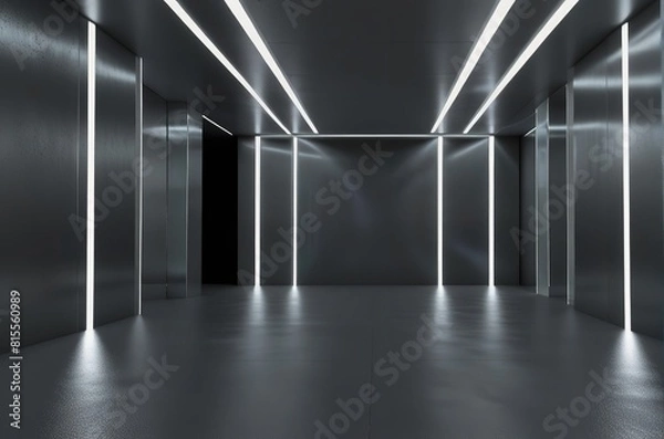Fototapeta Futuristic White 3D Room: Abstract Technology Tunnel with Neon Lighting for Modern Studio Display