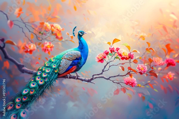 Obraz Blurred background of peacock, perched on a branch, for use in graphics.