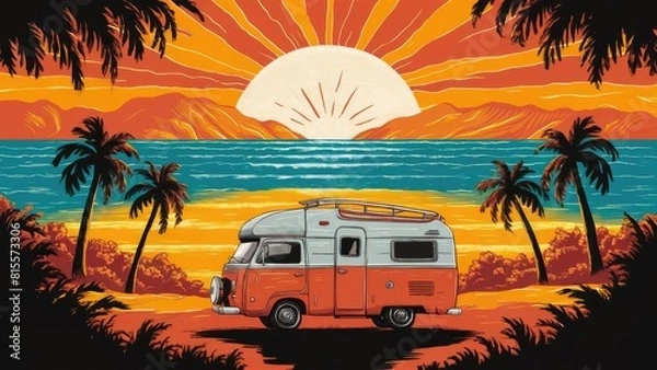Fototapeta a vintage camper van, larger are parked, evoking a sense of adventure and nostalgia,  summer concept design