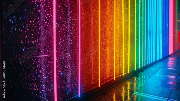 Fototapeta A vibrant neon display of a rainbow flag with glowing colors for Pride Month celebrations