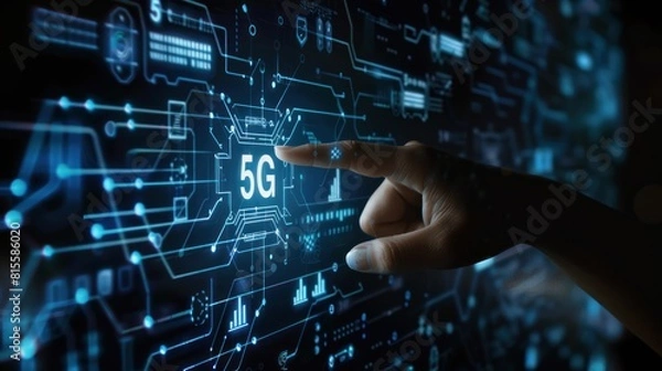 Obraz hand touching the screen, 5G Network Internet.
