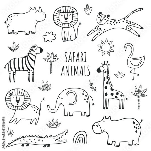 Fototapeta Set of safari animals. Outline hand drawn safari jungle animals zebra, lion, elephant, crocodile, giraffe, leopard, rhinoceros, hippopotamus. Doodle style line art.