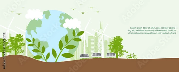 Obraz Natural plants and trees with cityscape and wind turbine, solar panel with wording of Environment day, example texts on green background.