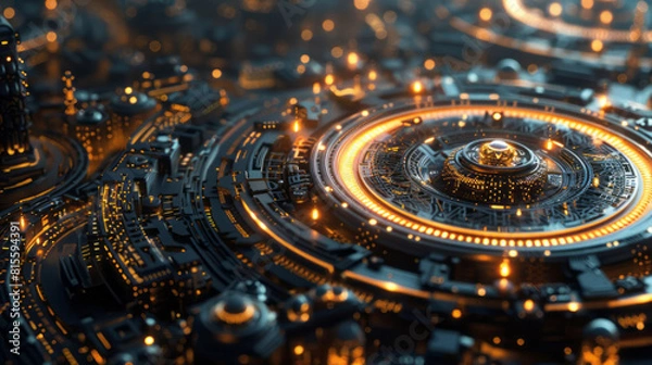 Fototapeta A 3d backdrop presents a circular electronic circuit, complemented by atmospheric urban landscapes, dark gold and azure hues, and advanced devices.