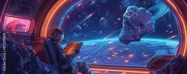 Fototapeta A neonlit scene of a cozy spacecraft nook, where a traveler reads a scifi novel surrounded by views of passing asteroids