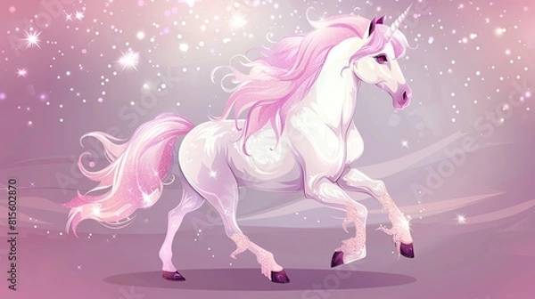 Fototapeta Unicorn with sparkles flat design, side view, unicorn theme, cartoon drawing, colored pastel