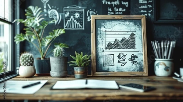 Fototapeta A framed sketch of business analytics sits on a wooden desk surrounded by potted plants, a notebook, and a pen.