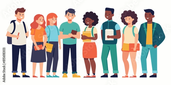Fototapeta Happy College Learners in Row: Diverse Students with Books and Backpacks