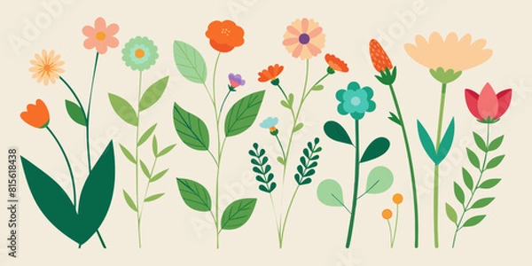Fototapeta Set Of Floral Design Elements Including Various Flowers And Leaves