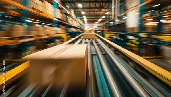 Fototapeta High-Speed E-commerce: Boxes on Conveyor Belts in a Warehouse with Motion Blur