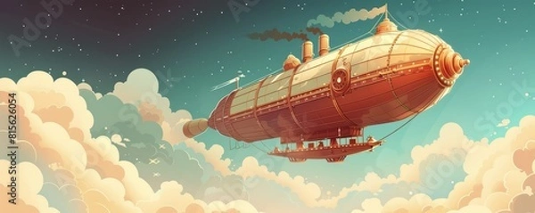 Fototapeta A steampunk-inspired airship soaring through the clouds, propelled by steam engines and adorned with brass fittings.   illustration.