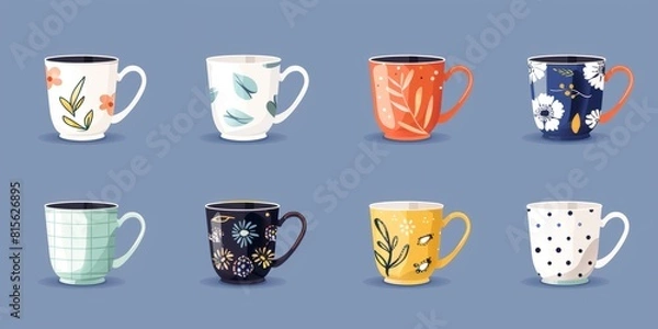 Fototapeta Collection of different modern cups . Set of colored mugs filling decorated with design elements flat Cute trendy crockery with handle for drink illustration